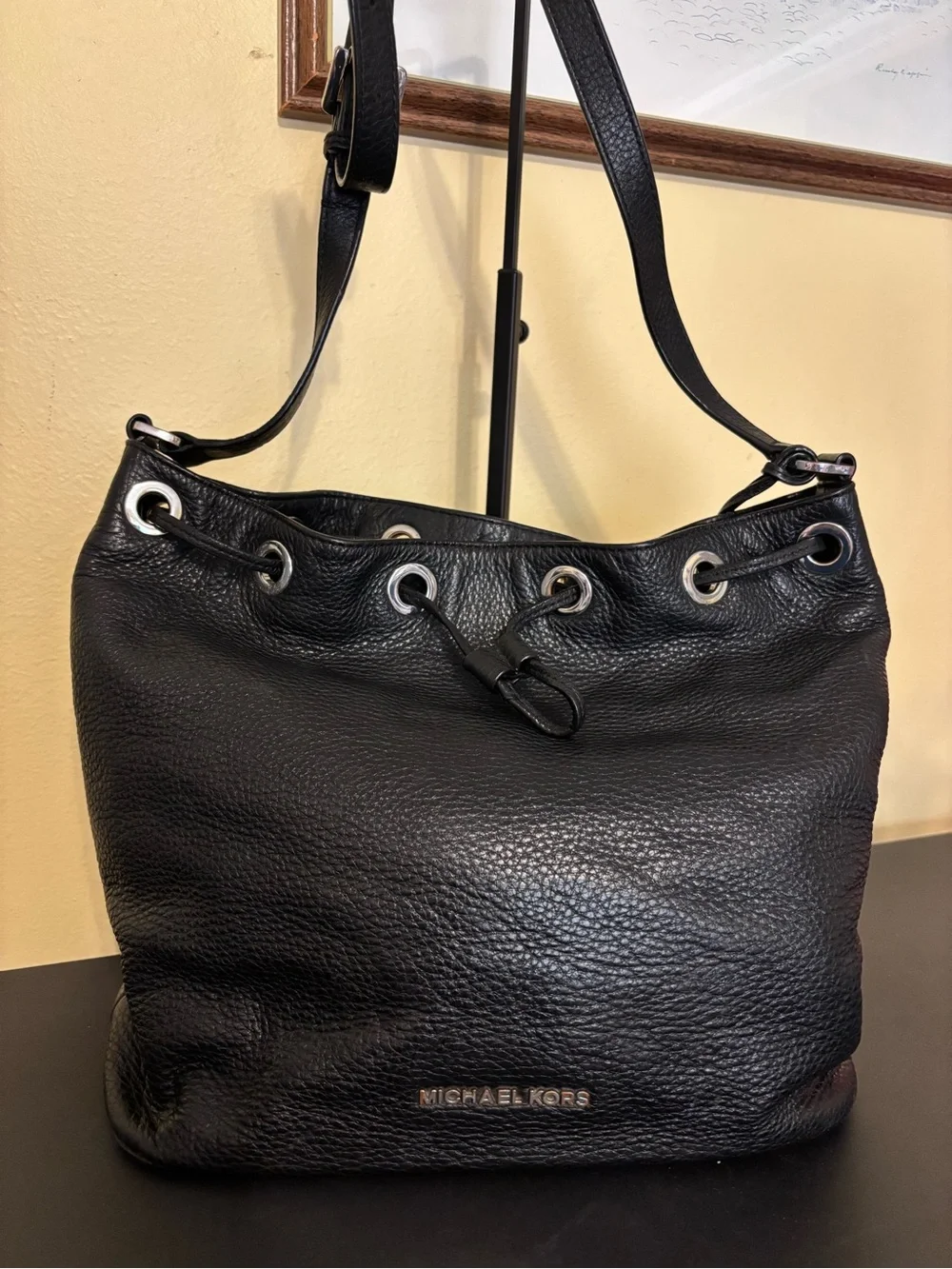 Michael Kors Black Pebbled Leather Drawstring Shoulder Bag